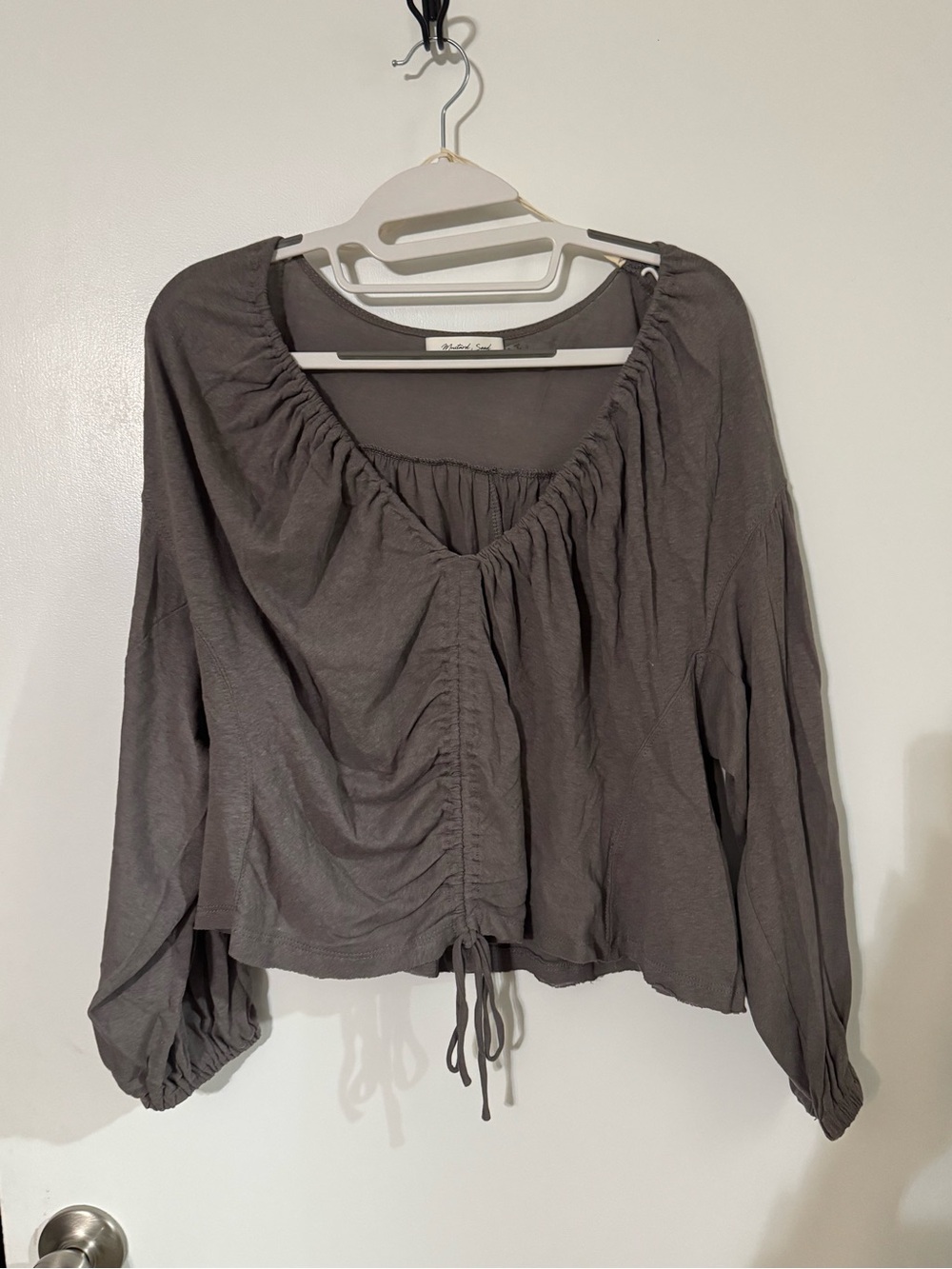 Mustard Seed Charcoal Ruched Front Drawstring Blouse